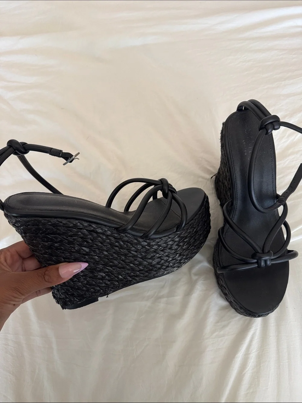Women's Black Woven Platform Wedge Sandals with Ankle Strap